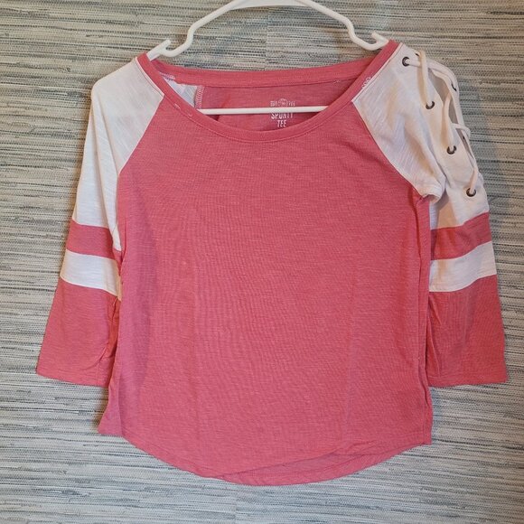 American Heritage Woman's Sport Tee Pink & White w/ 3/4 Strappy Sleeves Size XXS - Picture 2 of 8